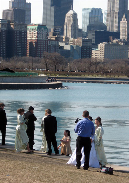 Bridal party with Chicago lakefront and skyline