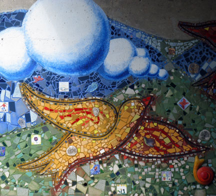 Detail, bricolage mosaic mural, Edgewater underpass, Chicago