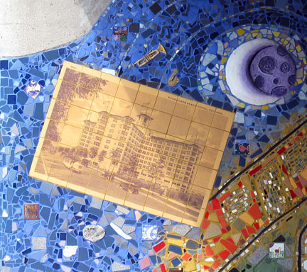Edgewater Beach Hotel depicted on Growing 2008, bricolage mosaic, Bryn Mawr underpass, Chicago