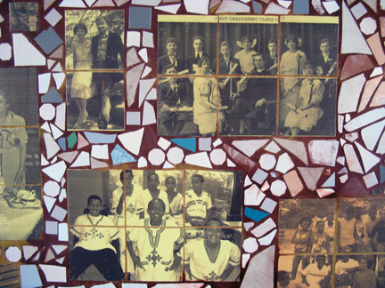 photographs of residents in past eras, bricolage mosaic mural, Bryn Mawr underpass, Chicago