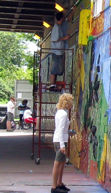 Volunteers working on Growing 2008, bricolage mosaic mural, Bryn Mawr underpass, Chicago