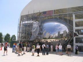 Anish Kapoor, Cloud Gate (The Bean) sculpture on itis road to completion, Millennium Park, Chicago