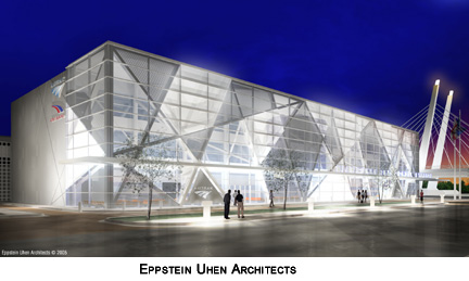 Milwaukee Amtrak Station rehab Eppstein Uhen Architects - night view