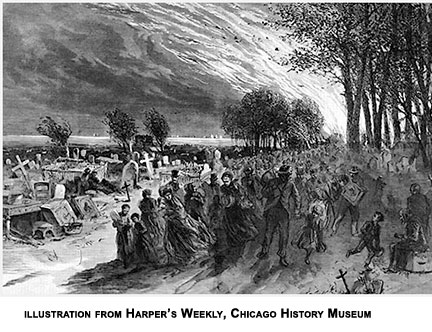 Fleeing Chicago residents find refuge in the City Cemetery during the Great Fire of 1871