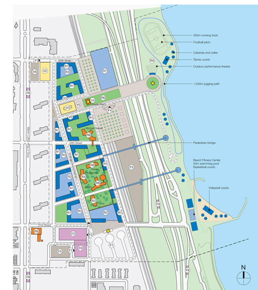 site plan, Landmarks Illinois plan to preserve Bauhaus inspired buildings designed in part by Walter Gropius on the former Michael Reese Hospital Complex by incorporating them into an athletes village for the 2016 Chicago Olympics