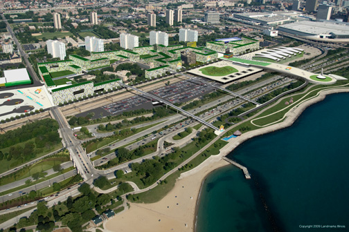 Rendering of alternative plan by Landmarks Illinois for preserving the Bauhaus inspired buildings on the Michael Reese Hospital campus, Chicago, designed in part by Walter Gropius, and incorporating them into an athletes village for the 2016 Chicago Olympics