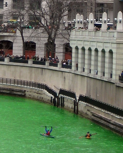 Kayakers in Chicago River dyed green, St. Patrick's day, 2008