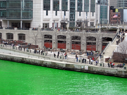 Chicago river bank dyed green, St. Patrick's day, 2008