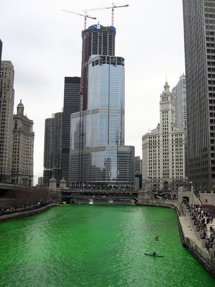 Trump Tower along a Chicago River dyed green for St. Patrick's Day, 2008