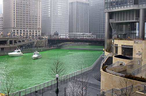 Trump Tower riverwalk and the Chicago River dyed green, March 13, 2010