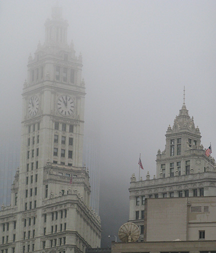Wrigley Building, Chicago, in the fog and mist, March 13, 2010