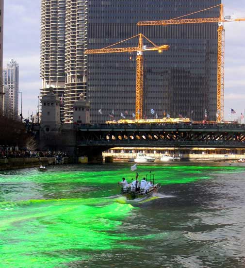 Green dye spreading across the Chicago River on St. Patrick's Day 2006