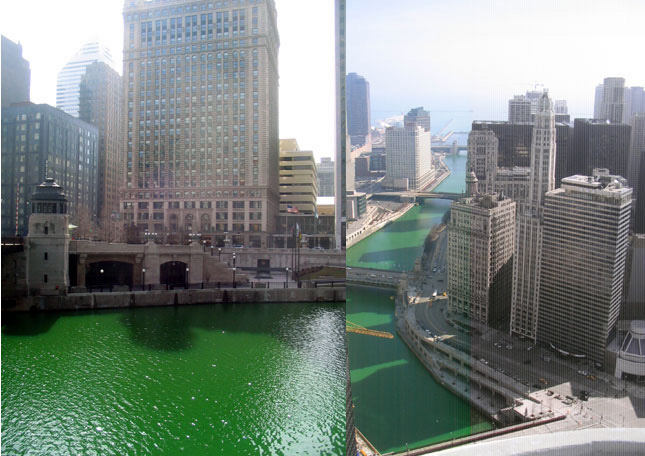 The Chicago River still emerald green one day after St. Patrick's day.