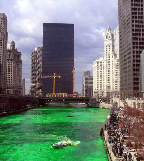 The IBM and Wrigley buildings along an emerald green Chicago River