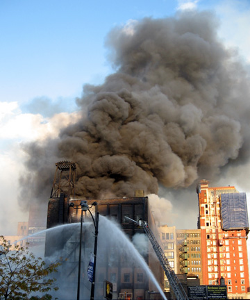 Adler and Sullivan's Wirt Dexter building in flames